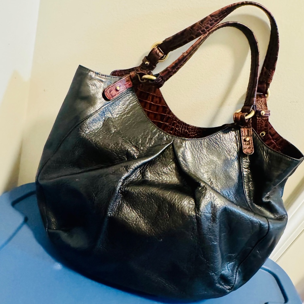 Brahmin Black Leather Tote with Brown Croc-Texture Trim